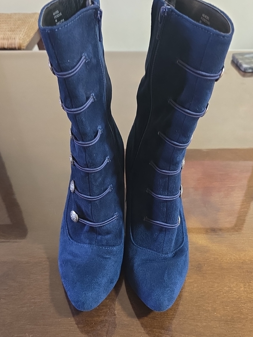Rialto Chung Navy Blue Faux Suede Button Heeled Boots